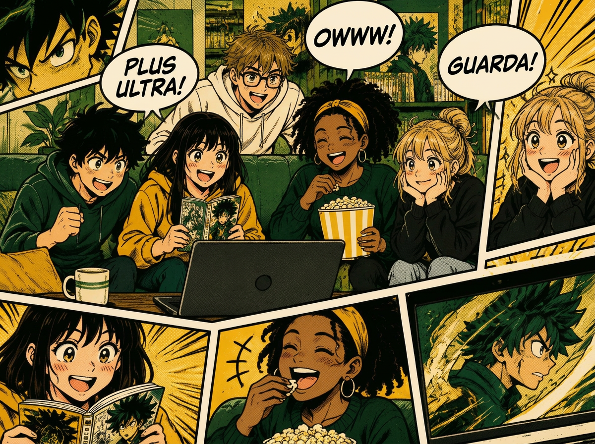 Un gruppo di amici che guarda anime e legge manga sul divano